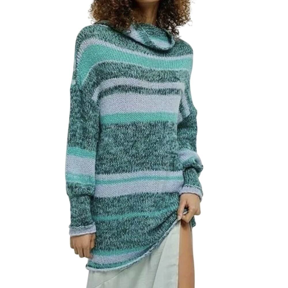Free People Candy Stripe Blue Multi Knit Wool Blend Cowl Neck Soft Tunic Sweater